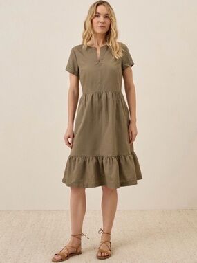 Pact Organic Canopy Linen Blend Notch Neck Dress Khaki Green XL Summer Travel